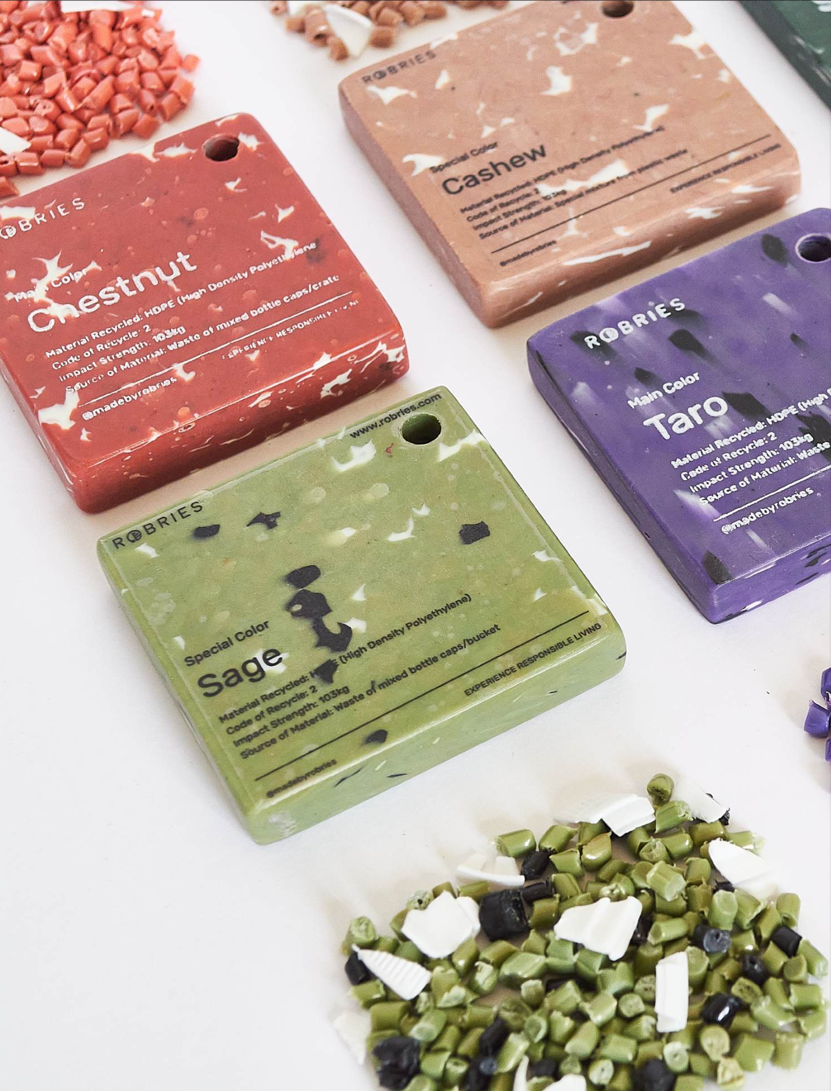 Robries Tiles in various colors including Chestnut (red), Cashew (tan), Sage (green), and Taro (purple)